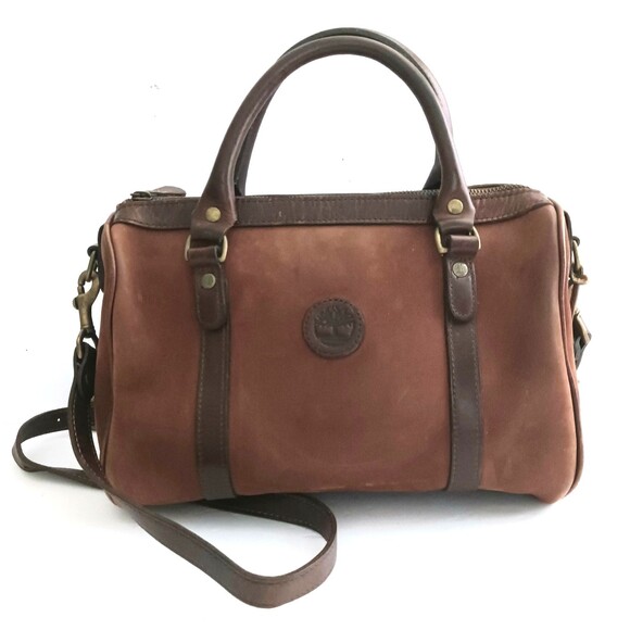 VTG Timberland Brown Sueded Leather Satchel Bag Leather Trim Crossbody Strap - Picture 1 of 13